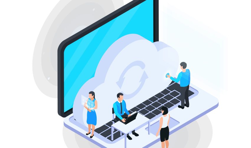 Cloud services isometric composition with image of laptop with small human characters and cloud icon vector illustration